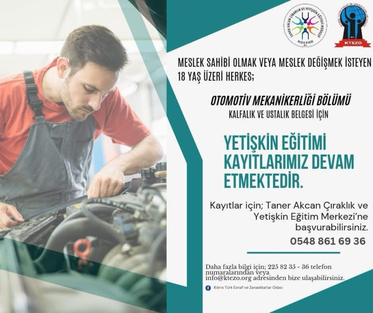 Otomotiv Mekanikerliği Bölümü Kalfalık ve Ustalık için Yetişkin Eğitimi Kayıtlarımız 15 Mayıs’a kadar devam edecektir